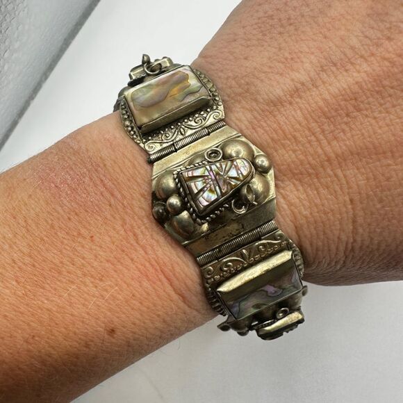 Vintage stamped Alpaca Mexico abalone shell bracelet!! - Picture 6 of 16